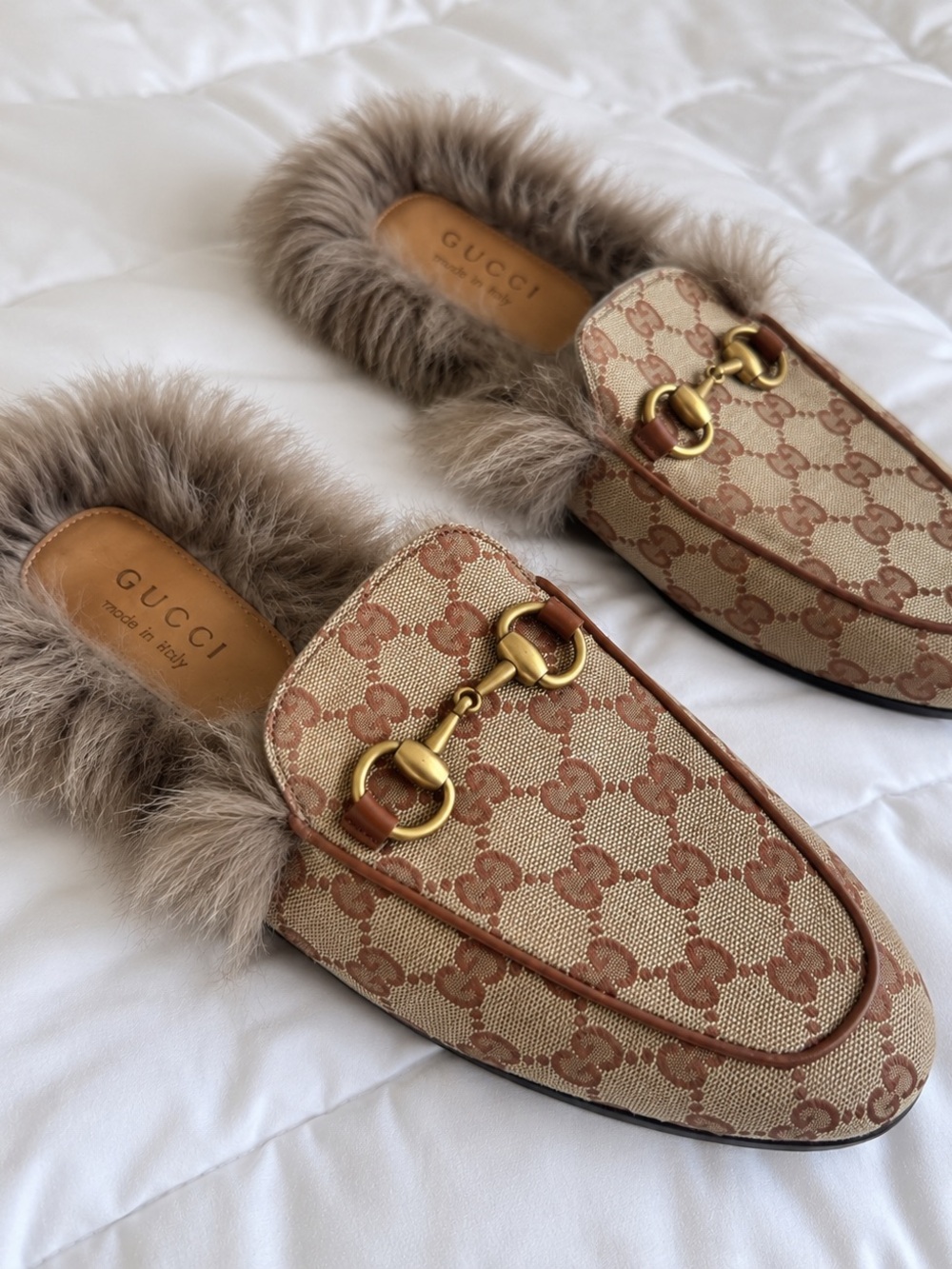 Gucci GG Monogram Horsebit Fur-Lined Loafers / Mules